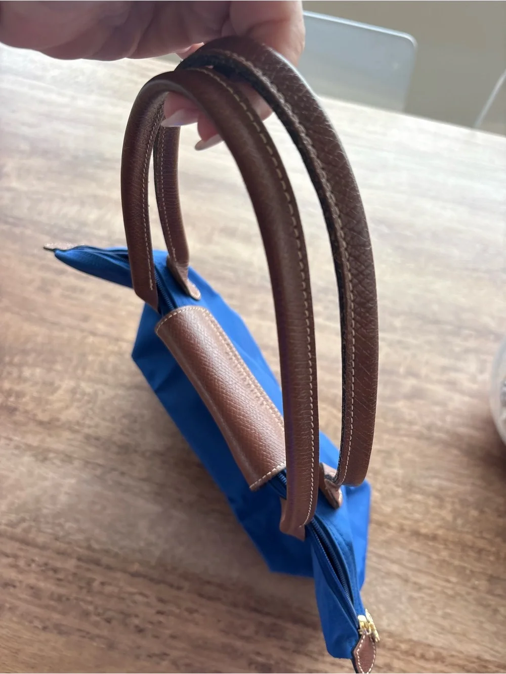 Longchamp Le Pliage Blue Nylon Tote with Brown Leather Trim
